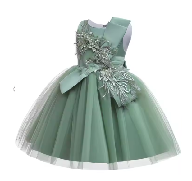 Elegant Sage Green Floral Embroidered Party Dress for Girls